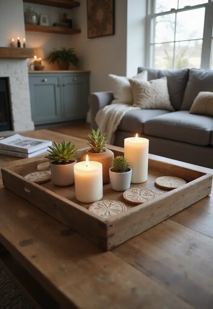 25 Farmhouse Coffee Table Decor Inspirations to Copy - 1. Rustic Wooden Tray
