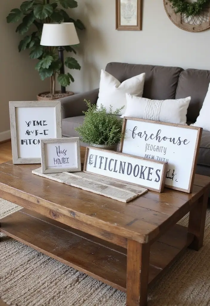 25 Farmhouse Coffee Table Decor Inspirations to Copy - 12. Farmhouse Signage