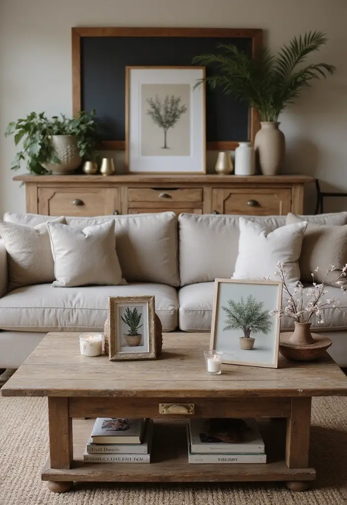 25 Farmhouse Coffee Table Decor Inspirations to Copy - 16. Personal Artwork