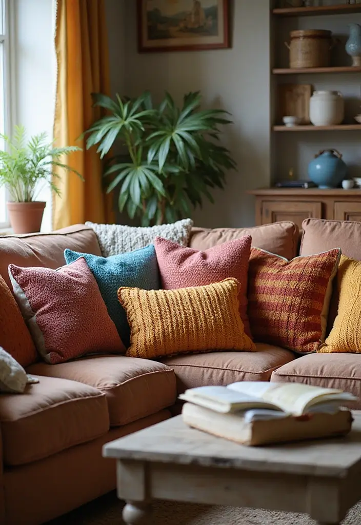 25 Farmhouse Coffee Table Decor Inspirations to Copy - 19. Colorful Throw Pillows