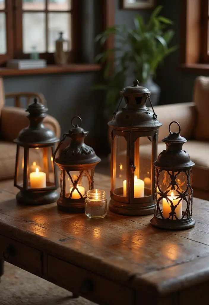 25 Farmhouse Coffee Table Decor Inspirations to Copy - 4. Antique Lanterns