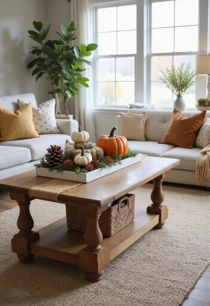 25 Farmhouse Coffee Table Decor Inspirations to Copy - 5. Seasonal Decor Elements