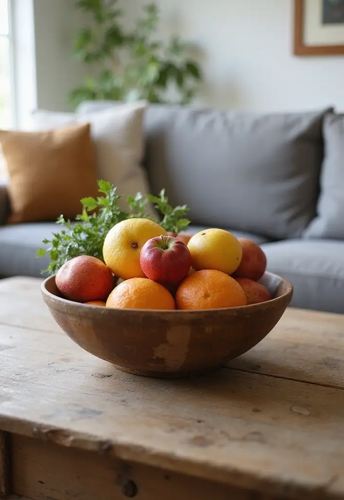 25 Farmhouse Coffee Table Decor Inspirations to Copy - 6. Rustic Bowl of Fruit