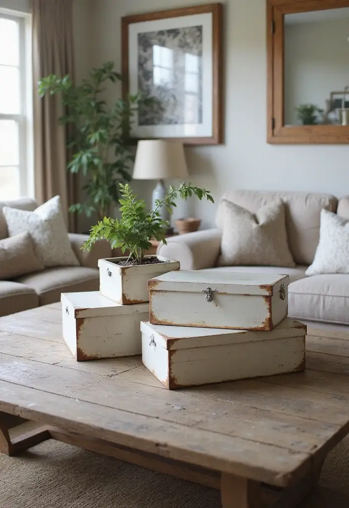 25 Farmhouse Coffee Table Decor Inspirations to Copy - 8. Farmhouse-Inspired Decorative Boxes