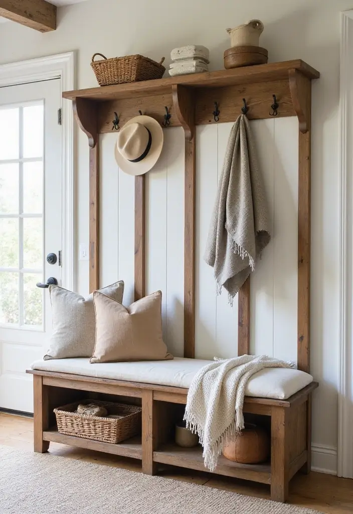 25 Farmhouse Entryway Ideas for a Warm Welcome - 1. Rustic Bench with Storage