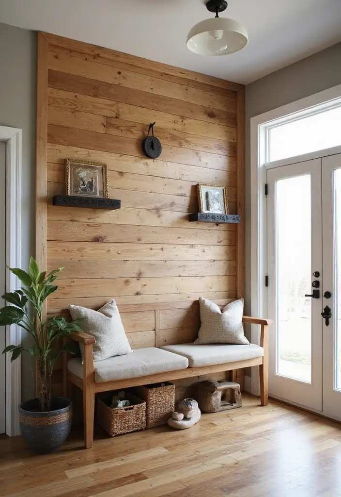 25 Farmhouse Entryway Ideas for a Warm Welcome - 11. Natural Wood Accent Wall