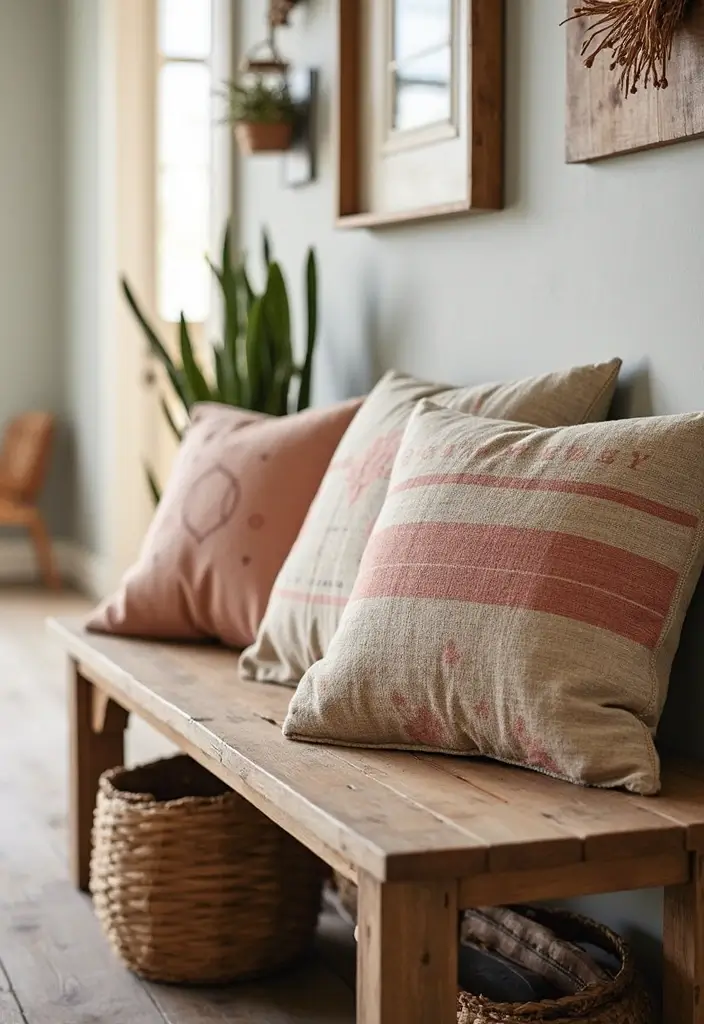 25 Farmhouse Entryway Ideas for a Warm Welcome - 12. Cozy Throw Pillows