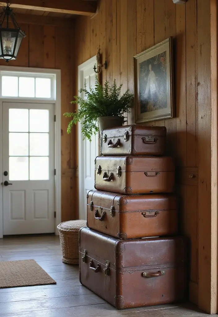 25 Farmhouse Entryway Ideas for a Warm Welcome - 14. Vintage Suitcase Storage