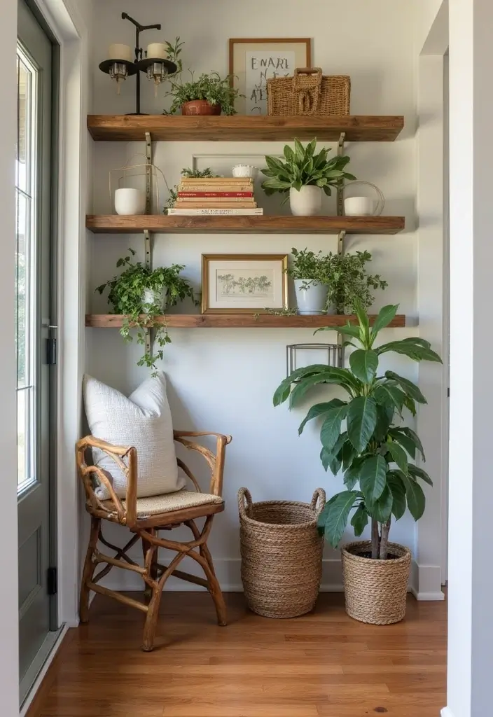 25 Farmhouse Entryway Ideas for a Warm Welcome - 16. Reclaimed Wood Shelving