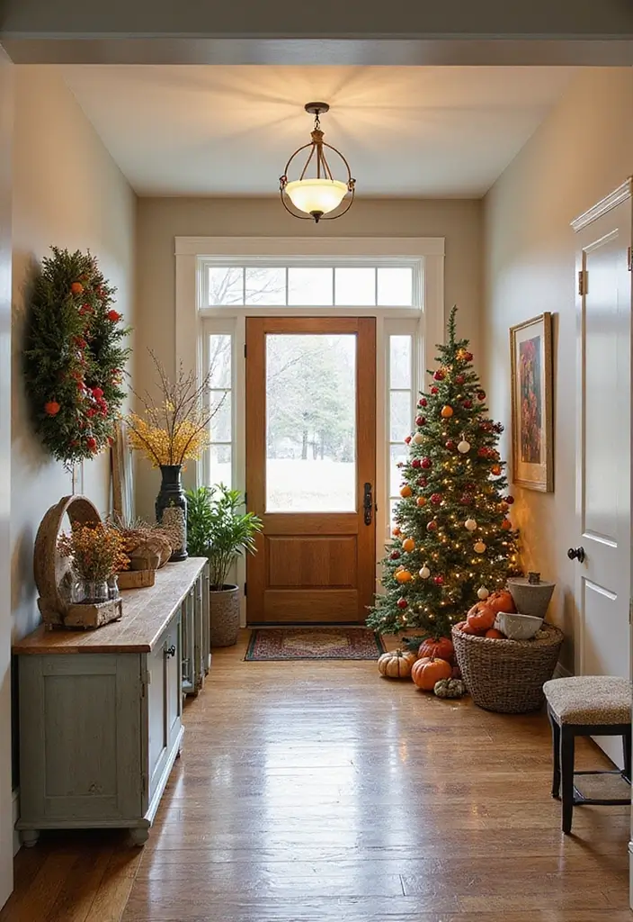 25 Farmhouse Entryway Ideas for a Warm Welcome - 19. Seasonal Decor Displays