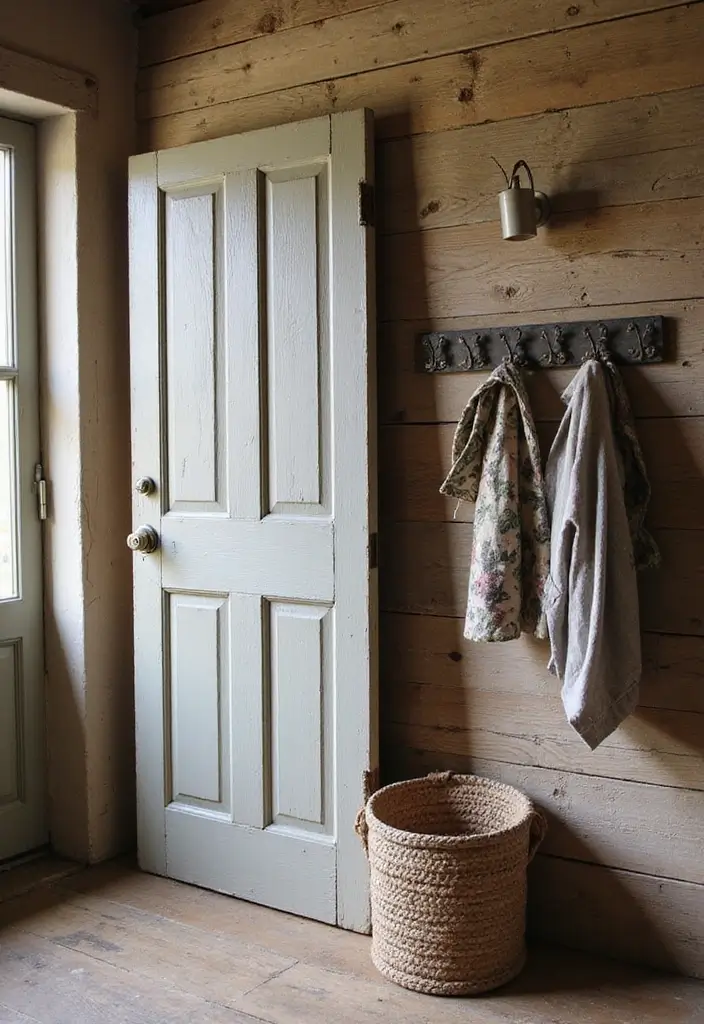 25 Farmhouse Entryway Ideas for a Warm Welcome - 21. Vintage Door as Decor
