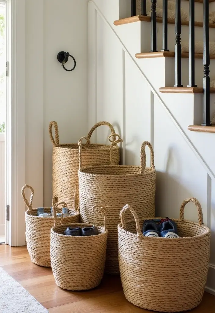 25 Farmhouse Entryway Ideas for a Warm Welcome - 7. Seagrass Baskets for Storage