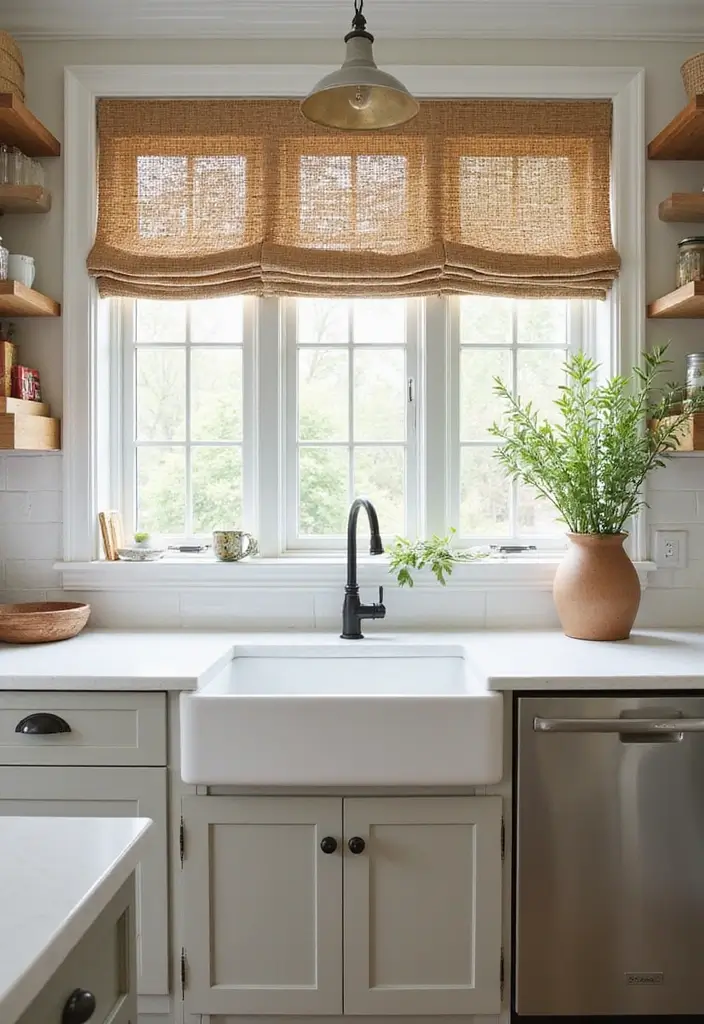 25 Farmhouse Kitchen Curtain Designs That Feel Warm and Inviting 15 25 Farmhouse Kitchen Curtain Designs That Feel Warm and Inviting - 15. Natural Fiber Shades