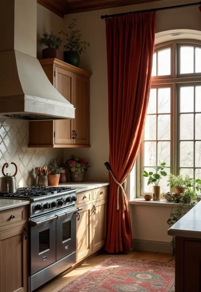 25 Farmhouse Kitchen Curtain Designs That Feel Warm and Inviting 16 25 Farmhouse Kitchen Curtain Designs That Feel Warm and Inviting - 16. Rustic Velvet Curtains