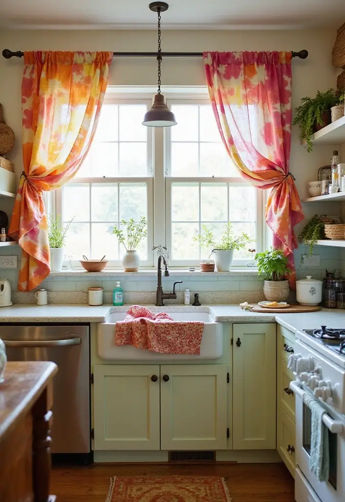 25 Farmhouse Kitchen Curtain Designs That Feel Warm and Inviting 17 25 Farmhouse Kitchen Curtain Designs That Feel Warm and Inviting - 17. Colorful Tie-Dye Patterns