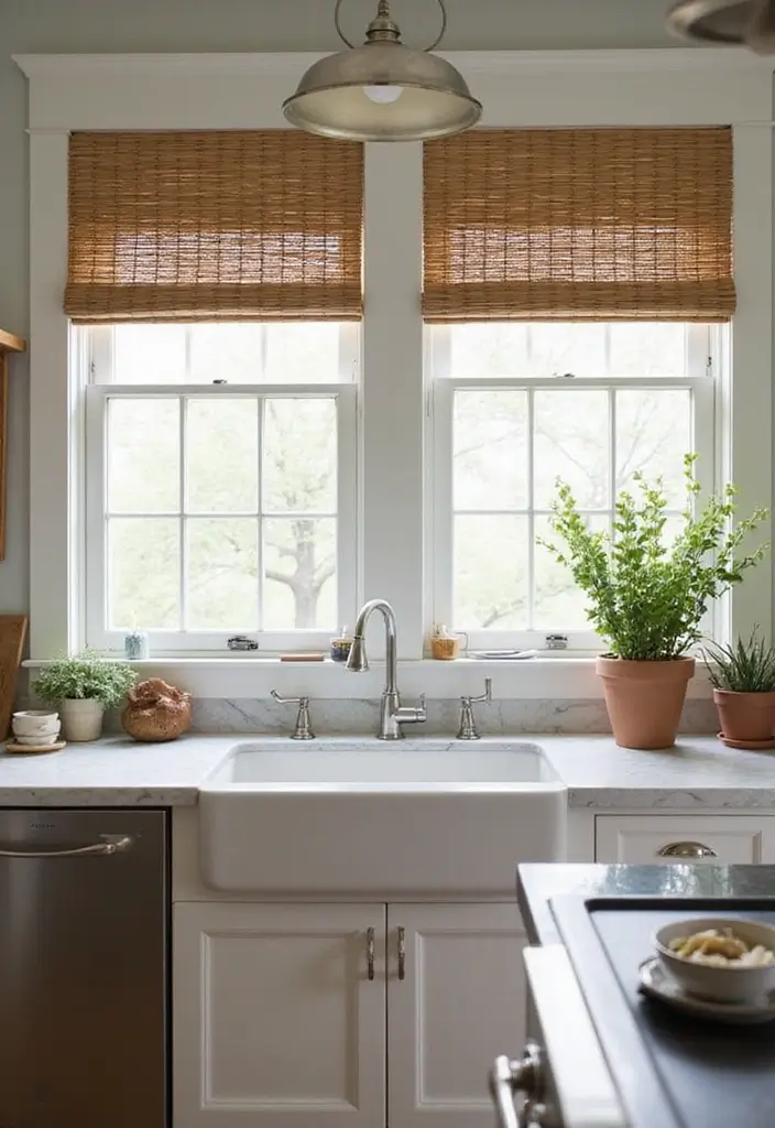 25 Farmhouse Kitchen Curtain Designs That Feel Warm and Inviting 23 25 Farmhouse Kitchen Curtain Designs That Feel Warm and Inviting - 23. Simple Bamboo Blinds