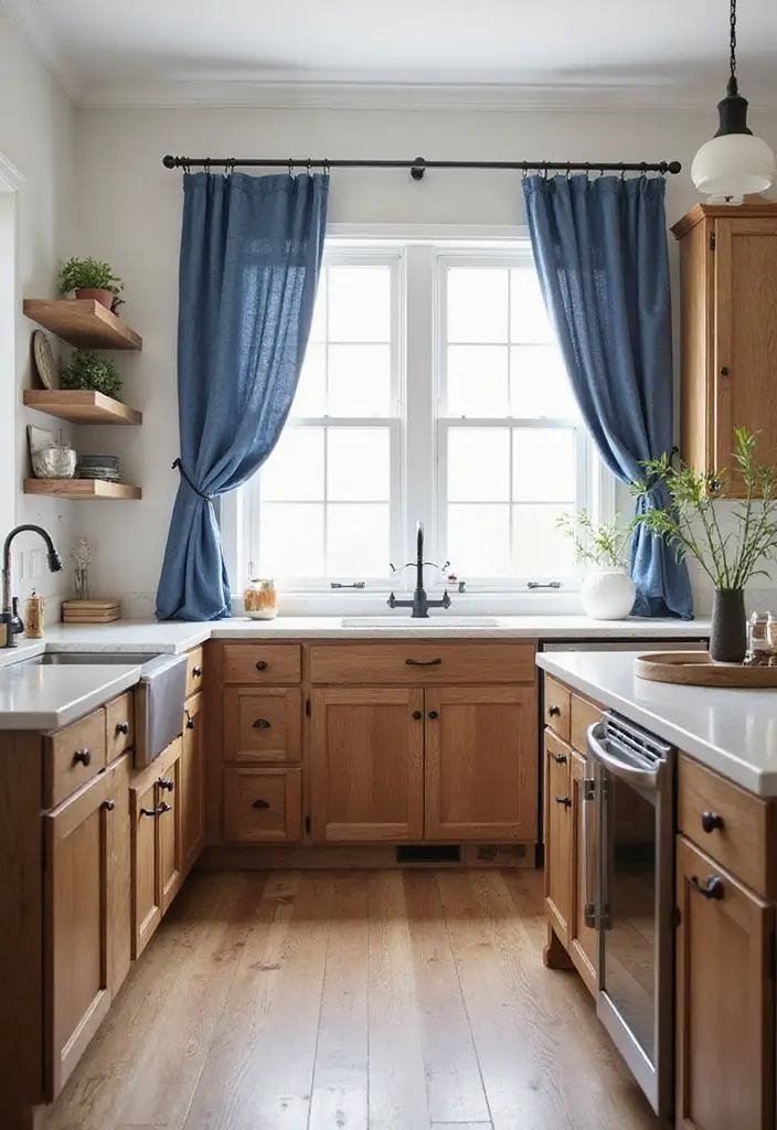 25 Farmhouse Kitchen Curtain Designs That Feel Warm and Inviting 5 25 Farmhouse Kitchen Curtain Designs That Feel Warm and Inviting - 5. Rustic Denim Curtains