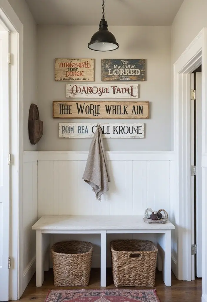 25 Farmhouse Mudroom Inspirations That Keep Things Organized 10 25 Farmhouse Mudroom Inspirations That Keep Things Organized - 10. Vintage Signs