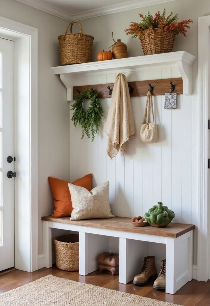 25 Farmhouse Mudroom Inspirations That Keep Things Organized 13 25 Farmhouse Mudroom Inspirations That Keep Things Organized - 13. Seasonal Decor Touches