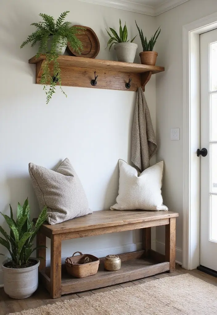 25 Farmhouse Mudroom Inspirations That Keep Things Organized 2 25 Farmhouse Mudroom Inspirations That Keep Things Organized - 2. Rustic Wooden Bench