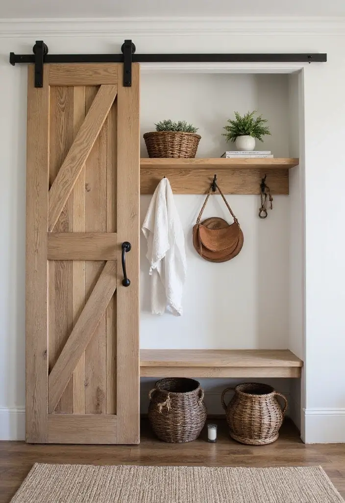 25 Farmhouse Mudroom Inspirations That Keep Things Organized 23 25 Farmhouse Mudroom Inspirations That Keep Things Organized - 23. Sliding Barn Doors