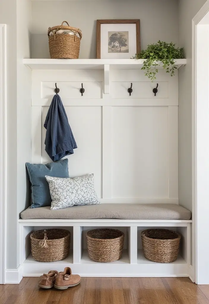 25 Farmhouse Mudroom Inspirations That Keep Things Organized 8 25 Farmhouse Mudroom Inspirations That Keep Things Organized - 8. Built-in Storage Benches