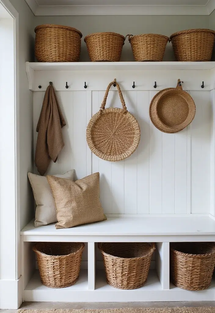 25 Farmhouse Mudroom Inspirations That Keep Things Organized 9 25 Farmhouse Mudroom Inspirations That Keep Things Organized - 9. Decorative Baskets