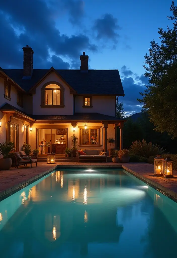 25 Farmhouse Pool Inspirations for a Backyard Oasis 13 25 Farmhouse Pool Inspirations for a Backyard Oasis - 13. Beautiful Lighting Options