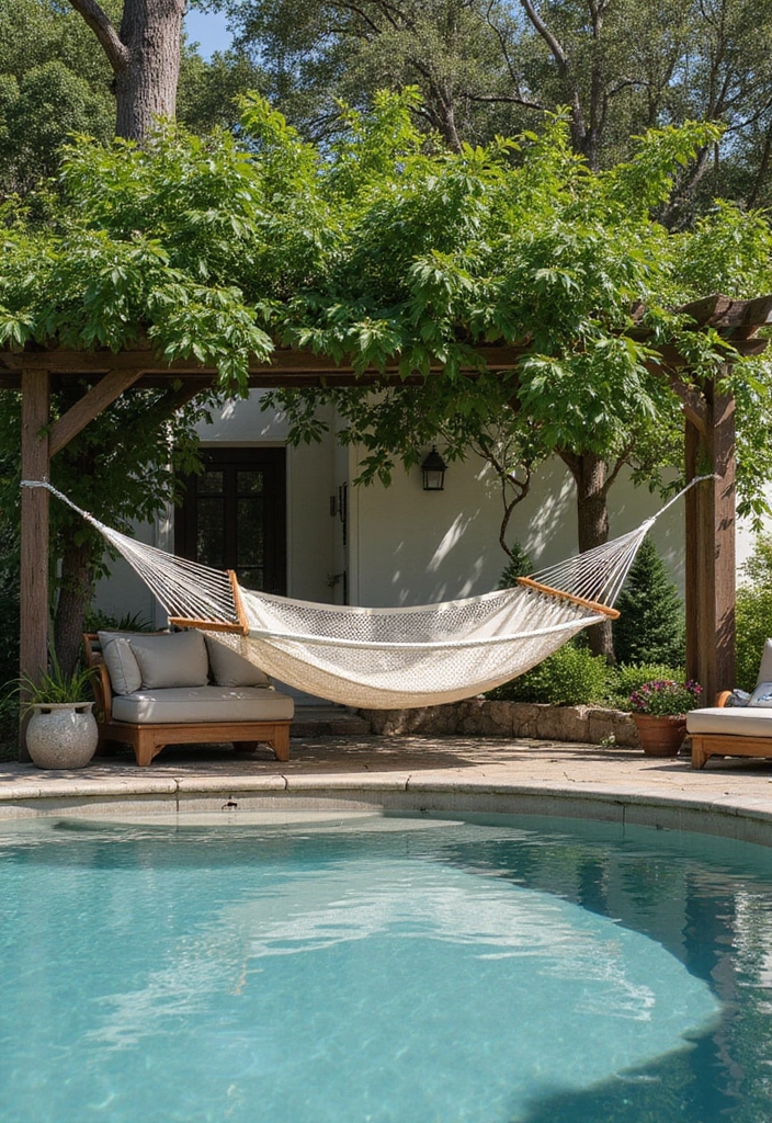 25 Farmhouse Pool Inspirations for a Backyard Oasis 16 25 Farmhouse Pool Inspirations for a Backyard Oasis - 16. Hammocks and Relaxation Zones