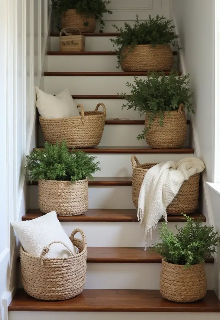 25 Farmhouse Staircase Ideas That Add Charm to Your Home - 10. Farmhouse Style Baskets