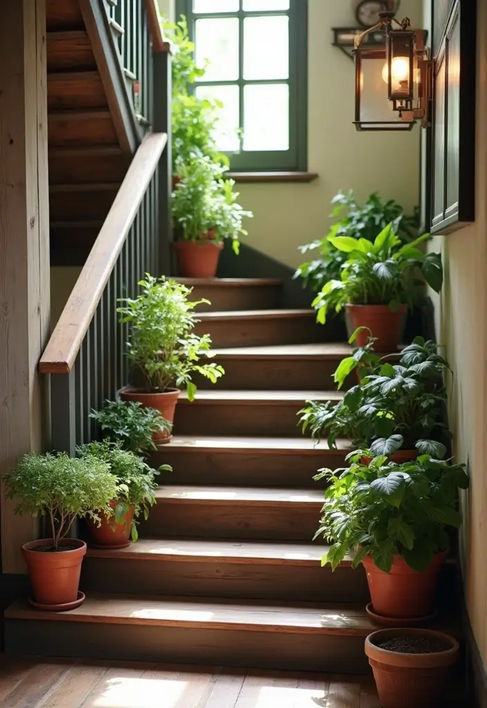 25 Farmhouse Staircase Ideas That Add Charm to Your Home - 12. Cozy Up with Railing Plants