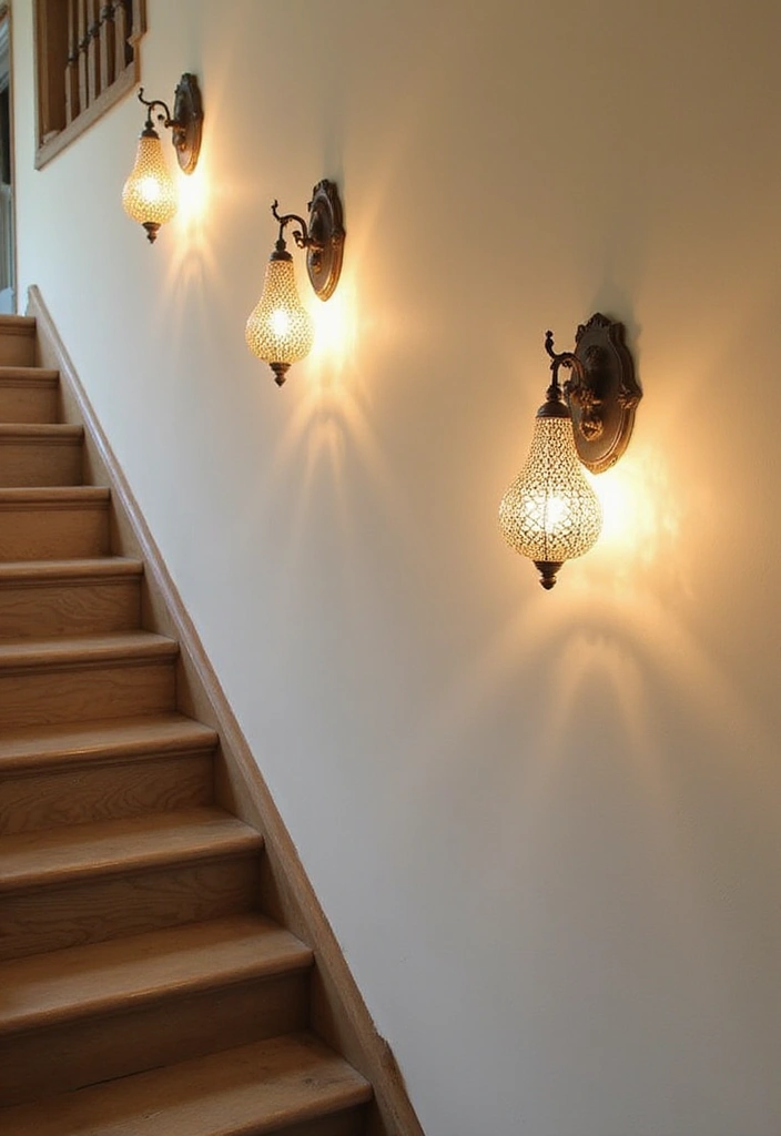 25 Farmhouse Staircase Ideas That Add Charm to Your Home - 19. Decorative Wall Sconces