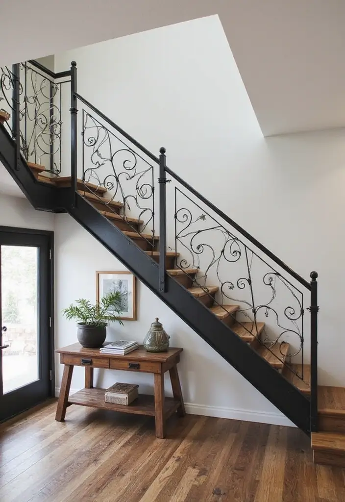 25 Farmhouse Staircase Ideas That Add Charm to Your Home - 2. Industrial Metal Accents