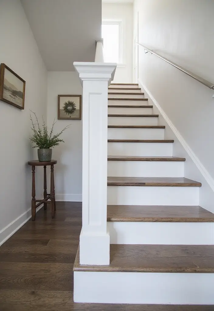 25 Farmhouse Staircase Ideas That Add Charm to Your Home - 20. Monochrome Color Palette