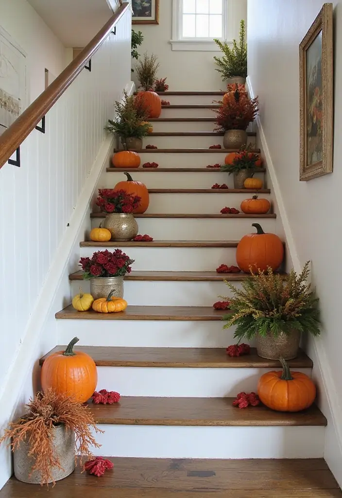 25 Farmhouse Staircase Ideas That Add Charm to Your Home - 24. Seasonal Decor