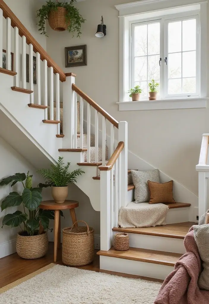 25 Farmhouse Staircase Ideas That Add Charm to Your Home - 25. Cozy Nook at the Landing
