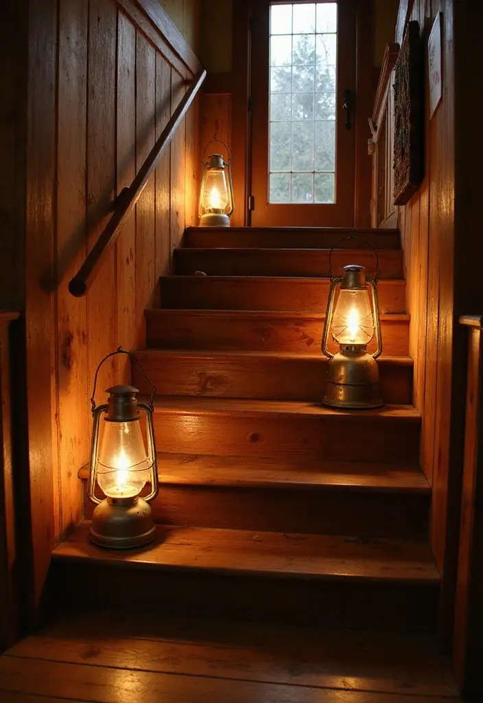 25 Farmhouse Staircase Ideas That Add Charm to Your Home - 5. Rustic Hurricane Lanterns