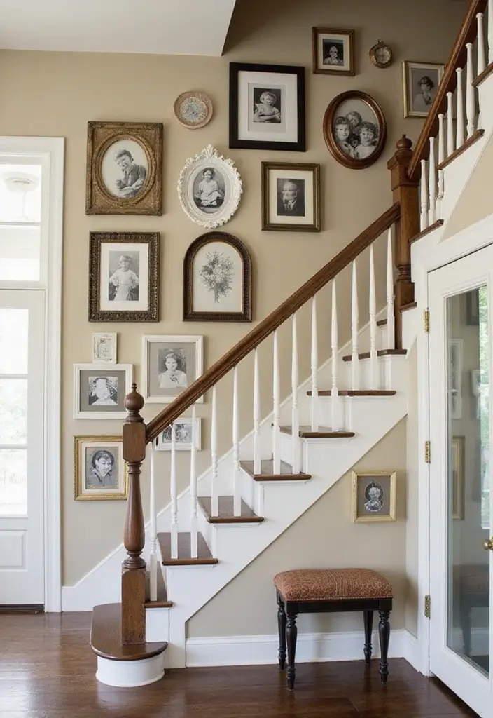 25 Farmhouse Staircase Ideas That Add Charm to Your Home - 9. Vintage Picture Frames
