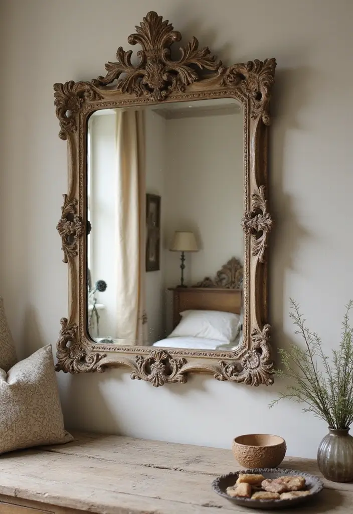 26 Farmhouse Bedroom Ideas That Feel Rustic and Relaxing - 11. Vintage Mirror Accents