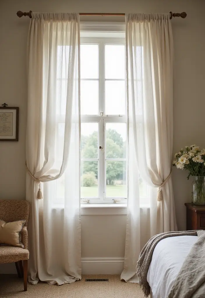 26 Farmhouse Bedroom Ideas That Feel Rustic and Relaxing - 15. Neutral Window Treatments