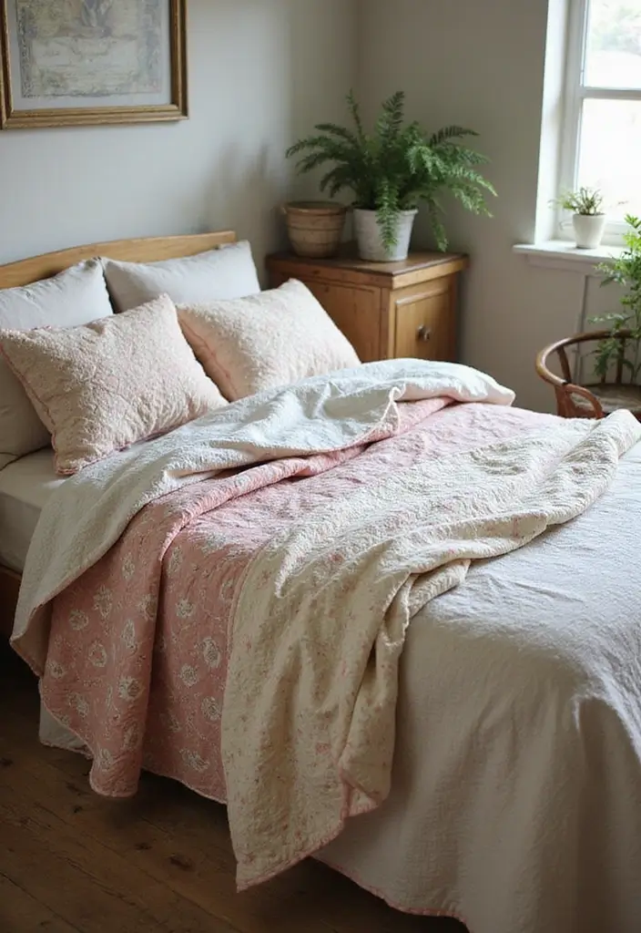 26 Farmhouse Bedroom Ideas That Feel Rustic and Relaxing - 2. Vintage Quilt Layering