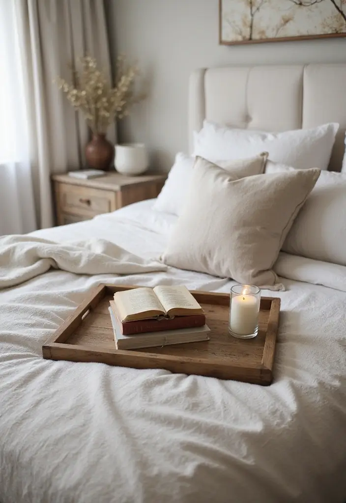 26 Farmhouse Bedroom Ideas That Feel Rustic and Relaxing - 24. Farmhouse Style Bedding Trays