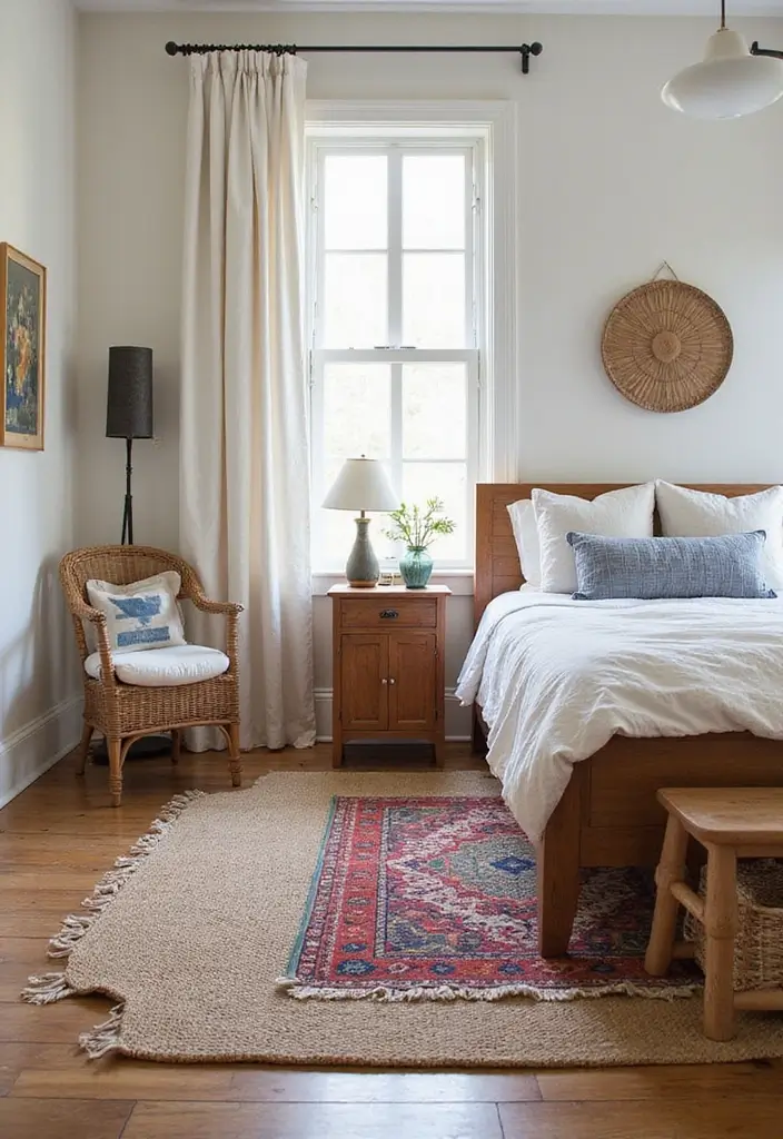 26 Farmhouse Bedroom Ideas That Feel Rustic and Relaxing - 6. Layered Rugs for Texture
