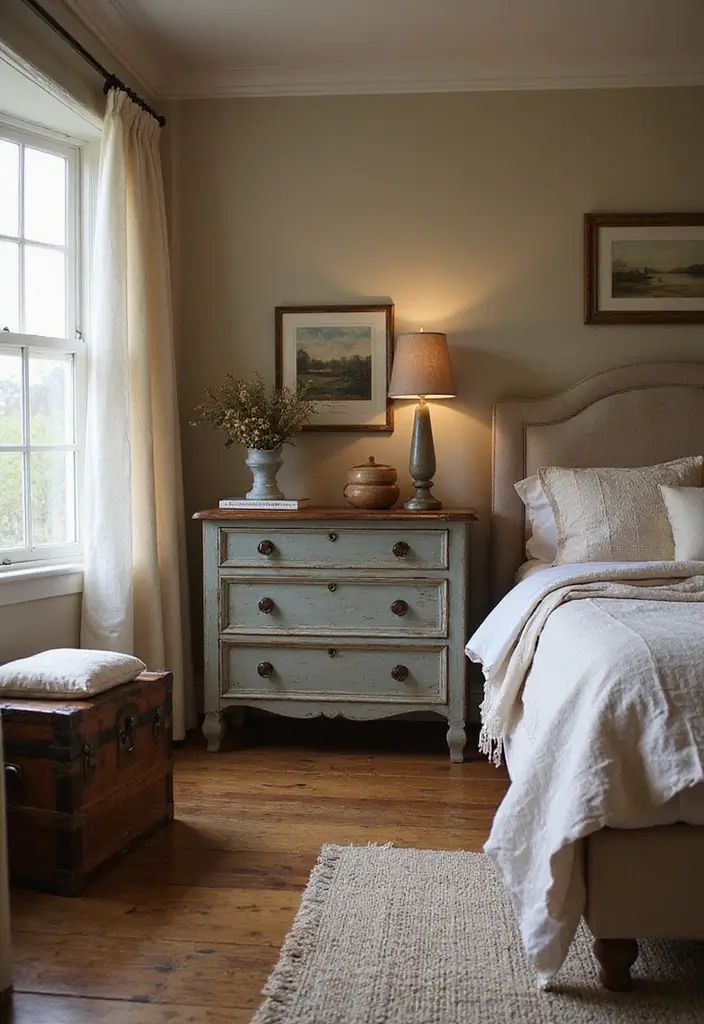 26 Farmhouse Bedroom Ideas That Feel Rustic and Relaxing - 7. Antique Furniture Finds