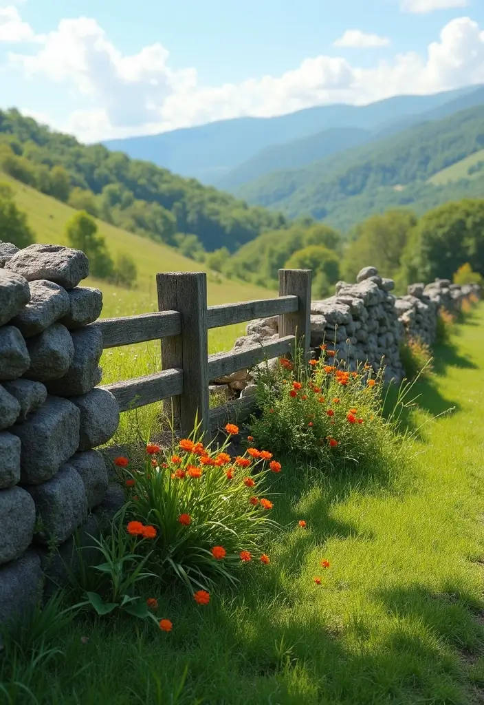 26 Farmhouse Fence Inspirations That Add Country Charm 18 26 Farmhouse Fence Inspirations That Add Country Charm - 18. Rustic Stone Fence