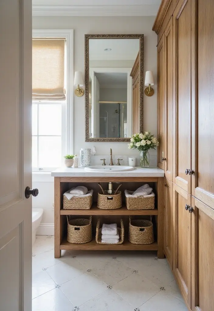 26 Farmhouse Master Bath Ideas Full of Rustic Elegance - 16. Elegant Storage Solutions: Function Meets Style