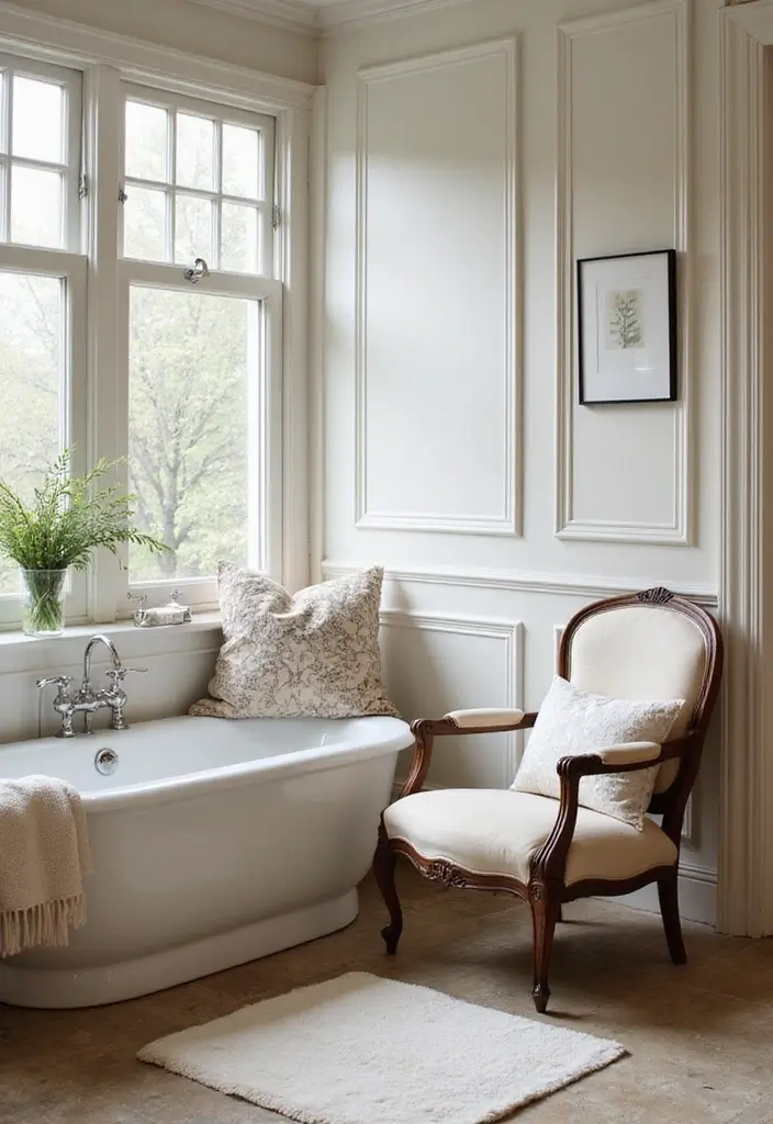 26 Farmhouse Master Bath Ideas Full of Rustic Elegance - 17. Cozy Seating: A Relaxing Corner
