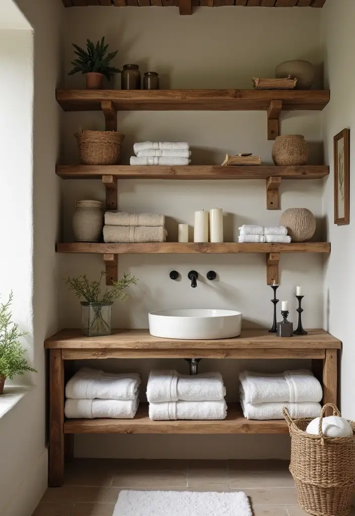 26 Farmhouse Master Bath Ideas Full of Rustic Elegance - 9. Open Shelving: Display Beauty and Functionality