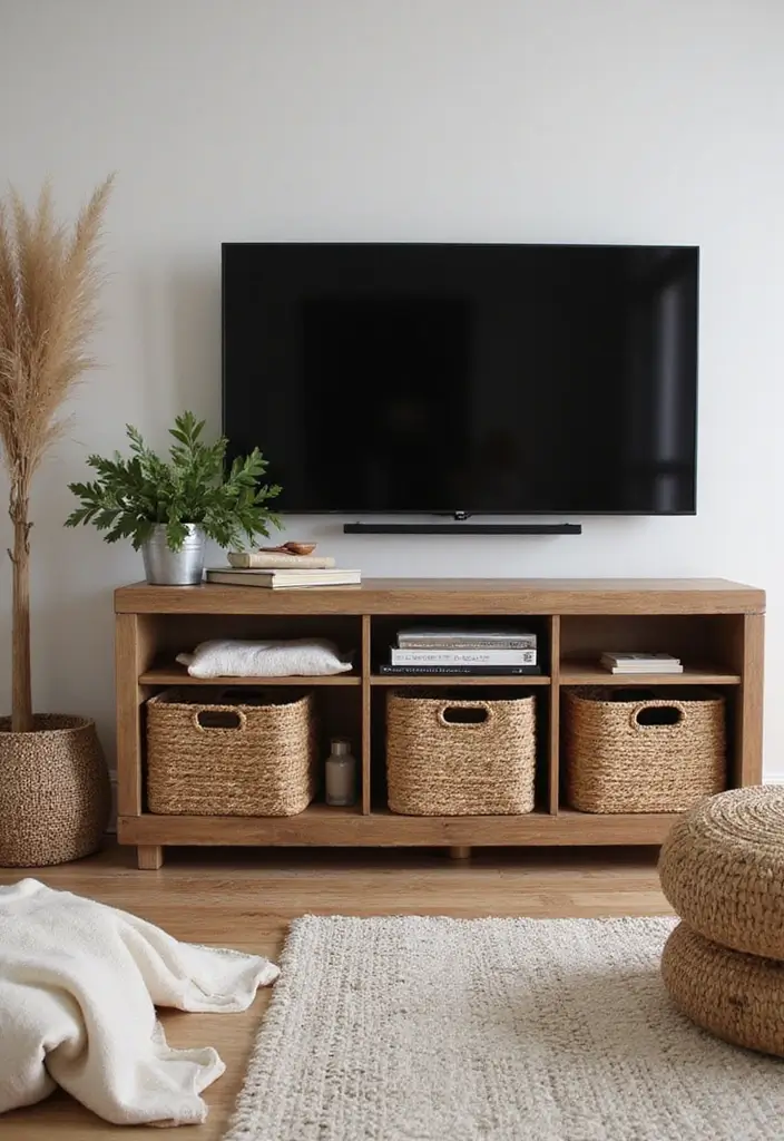 26 Farmhouse TV Stand Decor Ideas to Elevate Your Living Room 1 26 Farmhouse TV Stand Decor Ideas to Elevate Your Living Room - 1. Layered Textures