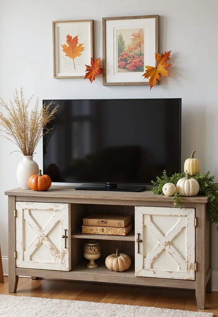 26 Farmhouse TV Stand Decor Ideas to Elevate Your Living Room 10 26 Farmhouse TV Stand Decor Ideas to Elevate Your Living Room - 10. Seasonal Decor Swaps